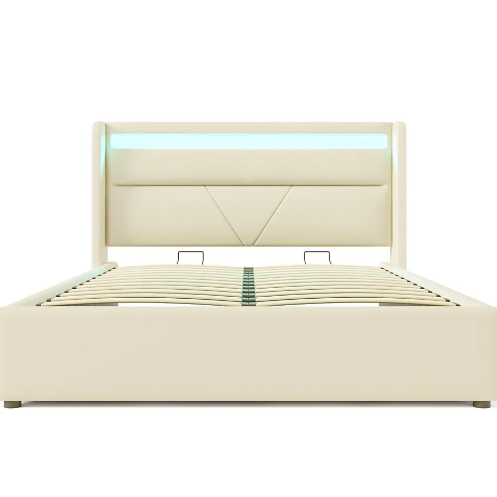 Lit 160x200 cm coffre de rangement avec sommier relevable, tête de lit LED tapissée PU blanc, style contemporain>Redom Online