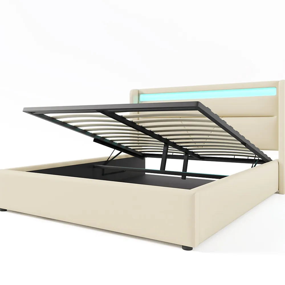 Lit 160x200 cm coffre de rangement avec sommier relevable, tête de lit LED tapissée PU blanc, style contemporain>Redom Online