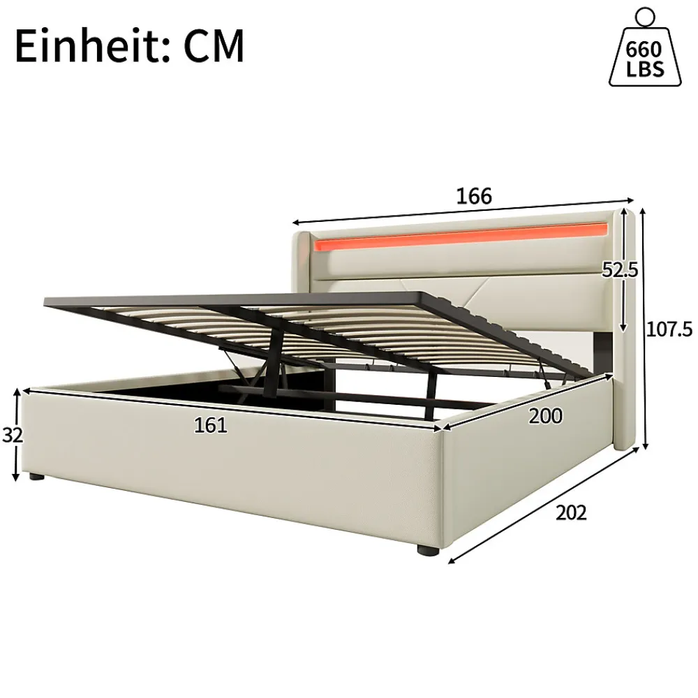 Lit 160x200 cm coffre de rangement avec sommier relevable, tête de lit LED tapissée PU blanc, style contemporain>Redom Online
