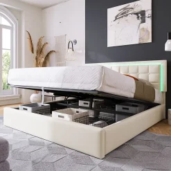 Redom Lit 140x200 cm coffre de rangement avec sommier relevable, tête de lit capitonnée en PU et éclairage LED* Ensemble Sommier Et Matelas