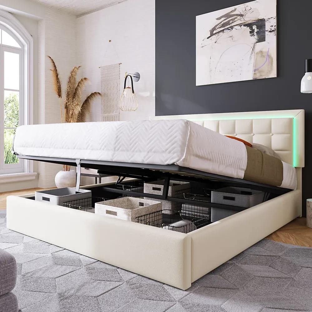 Redom Lit 140x200 cm coffre de rangement avec sommier relevable, tête de lit capitonnée en PU et éclairage LED* Ensemble Sommier Et Matelas