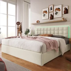 Redom Lit 140x200 cm coffre de rangement avec sommier relevable, tête de lit capitonnée en PU et éclairage LED* Ensemble Sommier Et Matelas