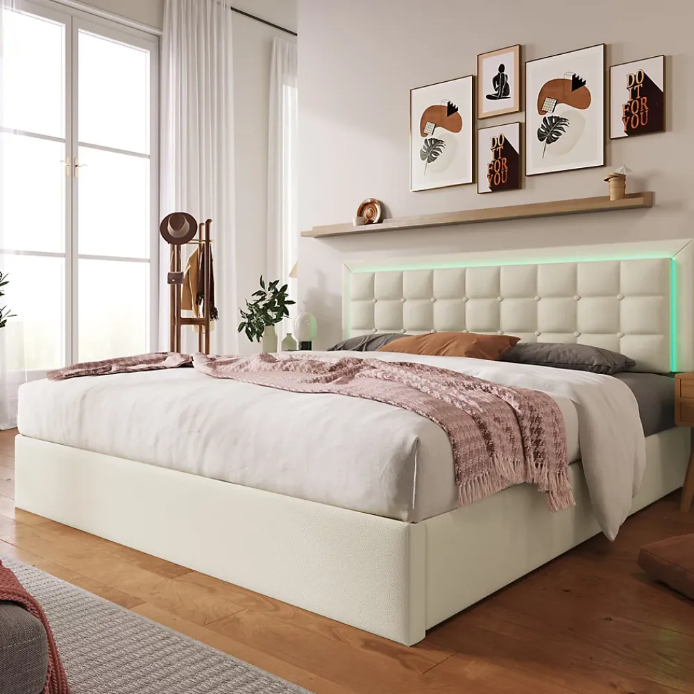 Redom Lit 140x200 cm coffre de rangement avec sommier relevable, tête de lit capitonnée en PU et éclairage LED* Ensemble Sommier Et Matelas