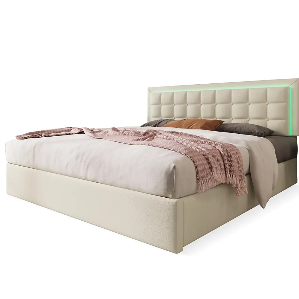 Redom Lit 140x200 cm coffre de rangement avec sommier relevable, tête de lit capitonnée en PU et éclairage LED* Ensemble Sommier Et Matelas