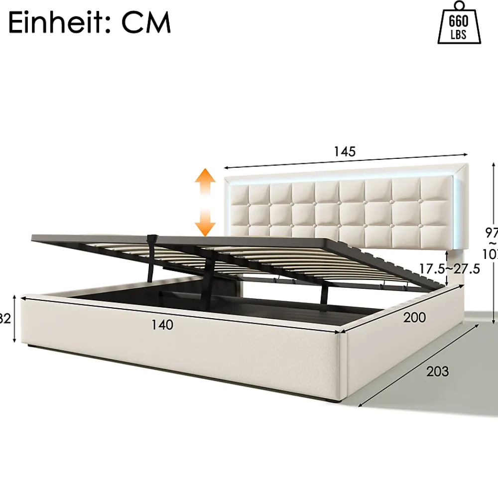 Redom Lit 140x200 cm coffre de rangement avec sommier relevable, tête de lit capitonnée en PU et éclairage LED* Ensemble Sommier Et Matelas