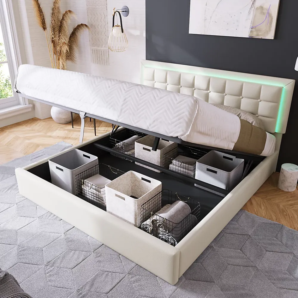 Redom Lit 140x200 cm coffre de rangement avec sommier relevable, tête de lit capitonnée en PU et éclairage LED* Ensemble Sommier Et Matelas