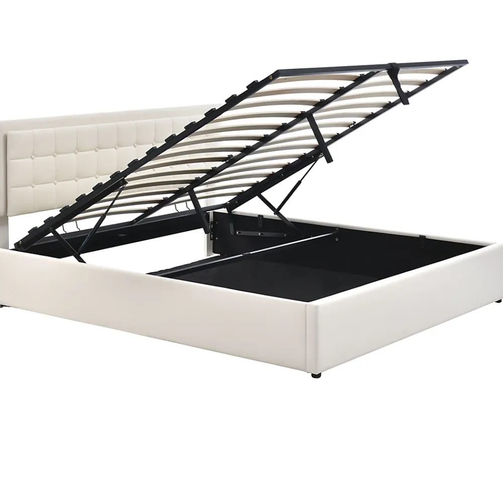 Redom Lit 140x200 cm coffre de rangement avec sommier relevable, tête de lit capitonnée en PU et éclairage LED* Ensemble Sommier Et Matelas