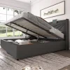 Redom Lit 160x200 cm coffre de rangement avec ports USB et Type C, tete geometrique tapissee lin coton, cadre metal* Ensemble Sommier Et Matelas