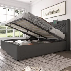 Redom Lit 160x200 cm coffre de rangement avec ports USB et Type C, tete geometrique tapissee lin coton, cadre metal* Ensemble Sommier Et Matelas
