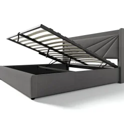 Redom Lit 160x200 cm coffre de rangement avec ports USB et Type C, tete geometrique tapissee lin coton, cadre metal* Ensemble Sommier Et Matelas
