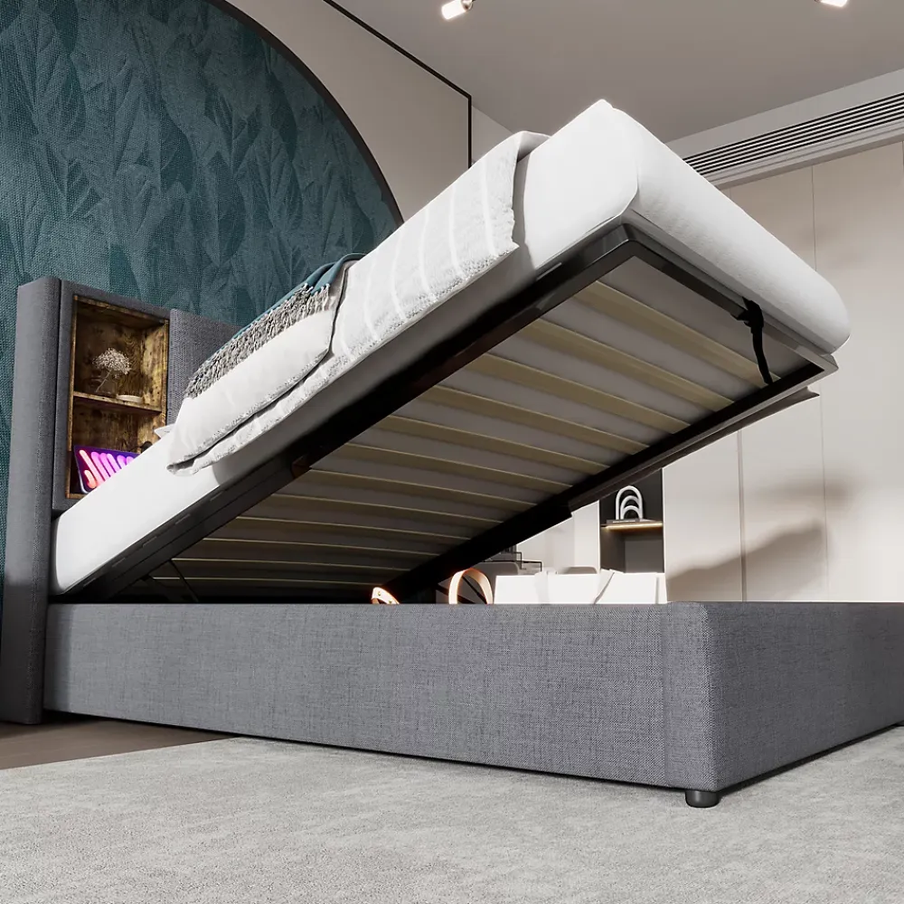 Redom Lit 90x200 cm coffre relevable, tête de lit tapissée coton gris avec charge sans fil et ports USB* Ensemble Sommier Et Matelas