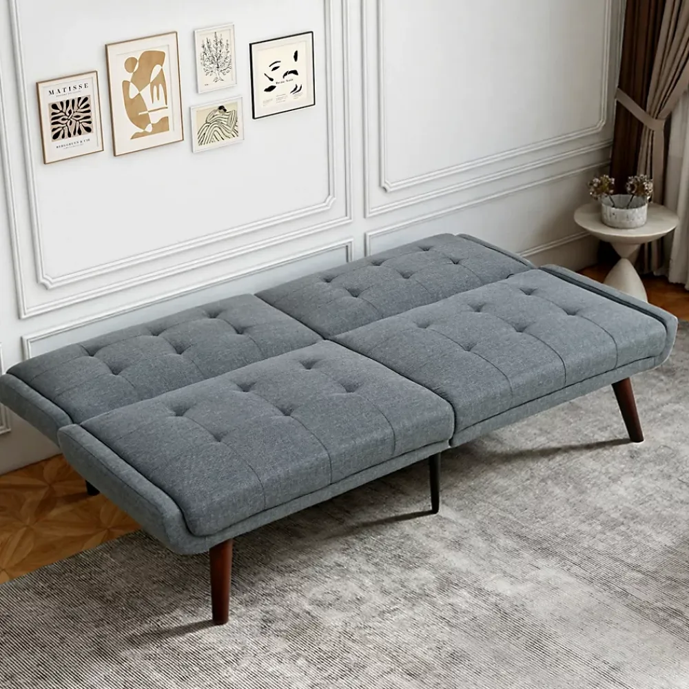 Redom Lit 146x89 cm convertible 3-en-1 en tissu lin gris, dossier 5 positions, cadre bois et renfort métal* Lit Simple