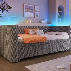 Redom Lit 90x200 cm convertible en 180x200 cm, tapissé velours gris avec LED multicolore et structure MDF* Lit Gigogne