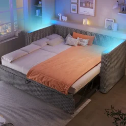Redom Lit 90x200 cm convertible en 180x200 cm, tapissé velours gris avec LED multicolore et structure MDF* Lit Gigogne