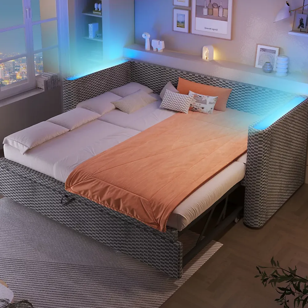 Redom Lit 90x200 cm convertible en 180x200 cm, tapissé velours gris avec LED multicolore et structure MDF* Lit Gigogne