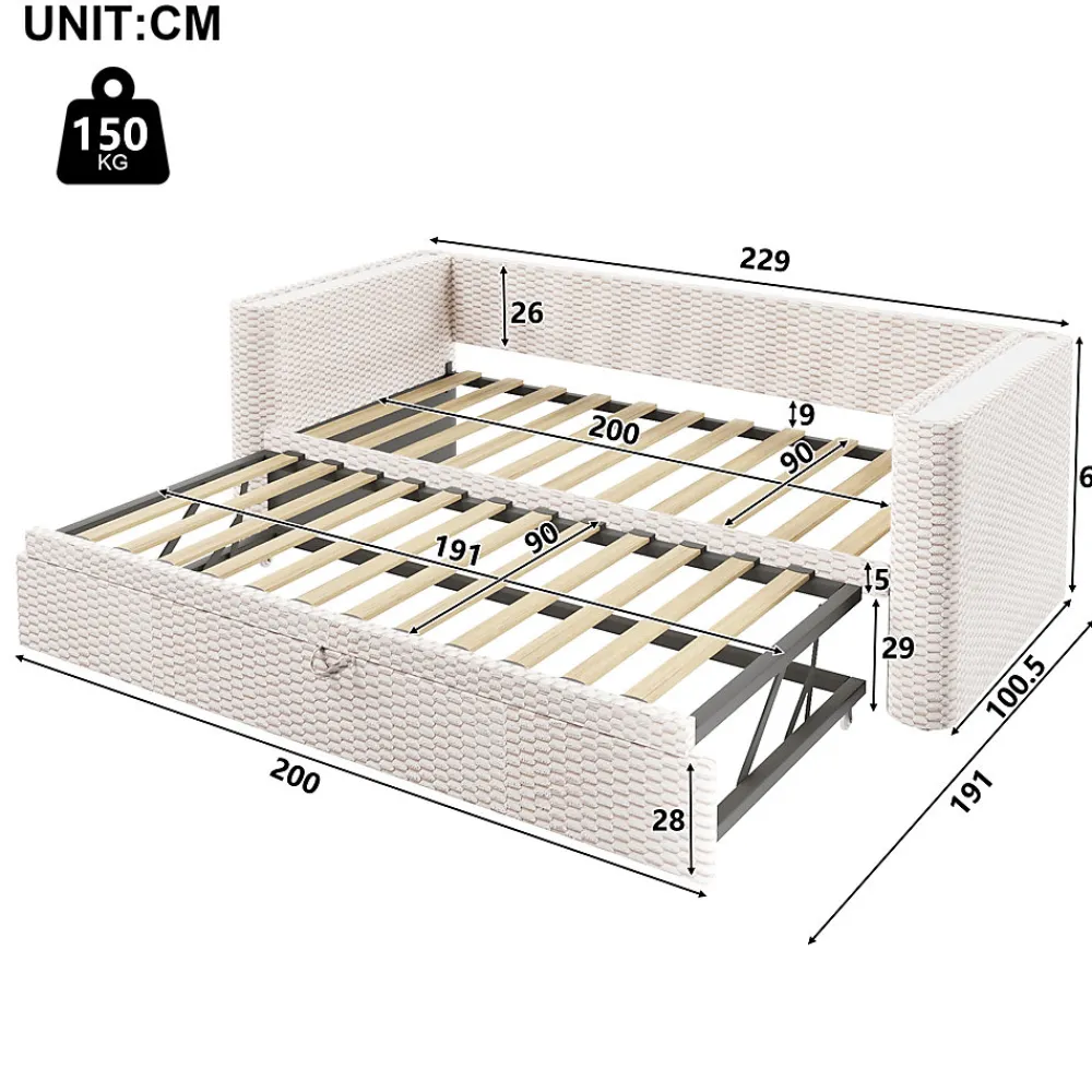 Lit 90x200 cm convertible en 180x200 cm avec revêtement velours beige et bande LED contrôlée par application>Redom Hot