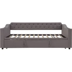Redom Lit 90x190 cm convertible en 180x190 cm avec rangements intégrés, accoudoirs coffre et revêtement velours gris* Lit Gigogne