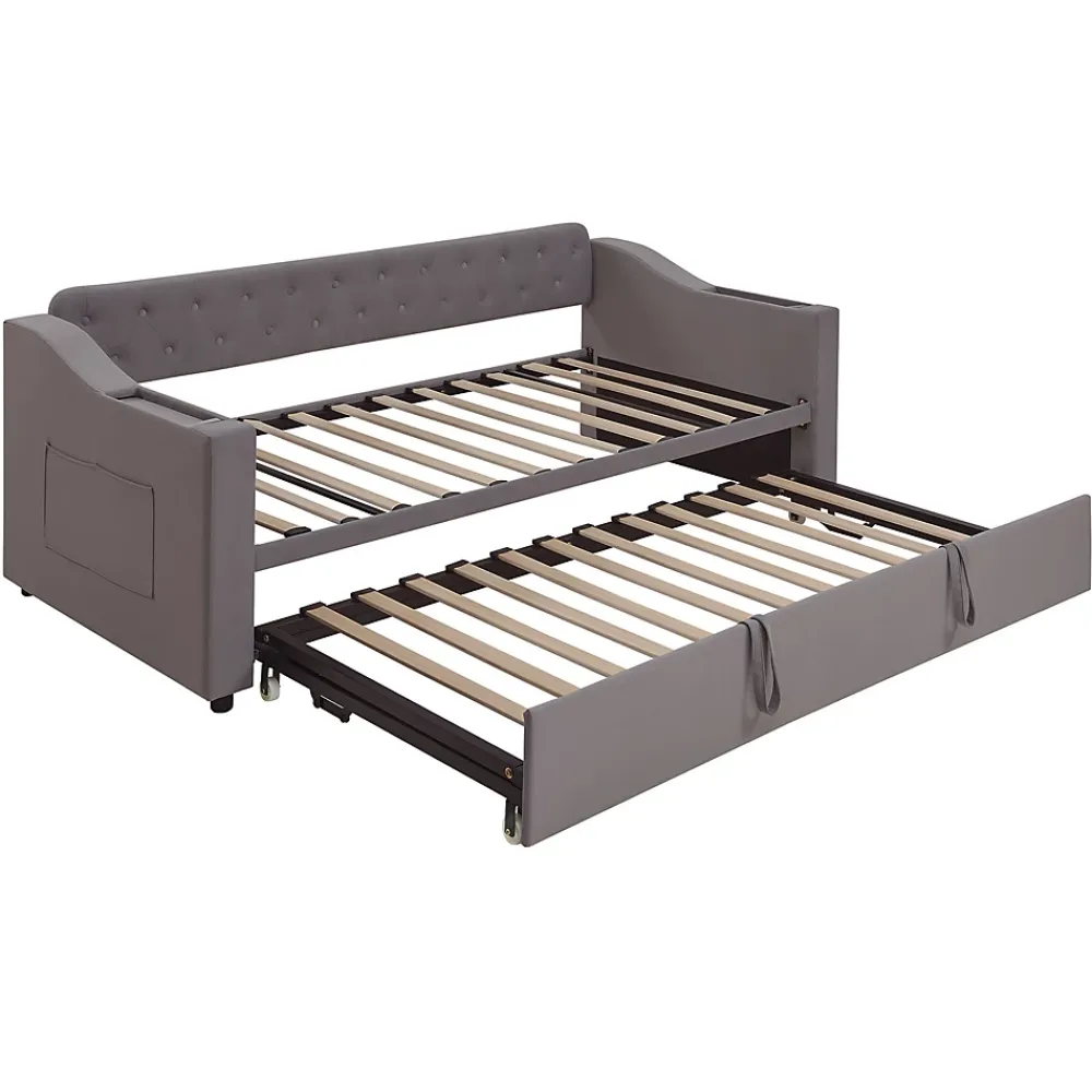 Redom Lit 90x190 cm convertible en 180x190 cm avec rangements intégrés, accoudoirs coffre et revêtement velours gris* Lit Gigogne
