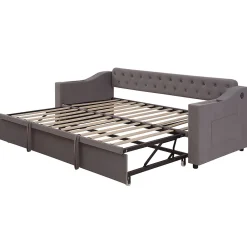 Redom Lit 90x190 cm convertible en 180x190 cm avec rangements intégrés, accoudoirs coffre et revêtement velours gris* Lit Gigogne