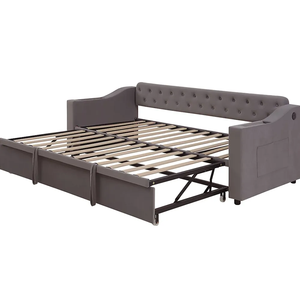 Redom Lit 90x190 cm convertible en 180x190 cm avec rangements intégrés, accoudoirs coffre et revêtement velours gris* Lit Gigogne