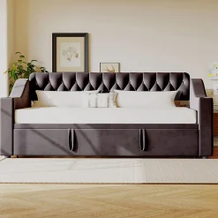 Redom Lit 90x190 cm convertible en 180x190 cm avec rangements intégrés, accoudoirs coffre et revêtement velours gris* Lit Gigogne