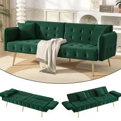 Redom Lit 215x81,5 cm convertible velours, dossiers et accoudoirs multipositions, pieds métal doré, style moderne* Lit Simple