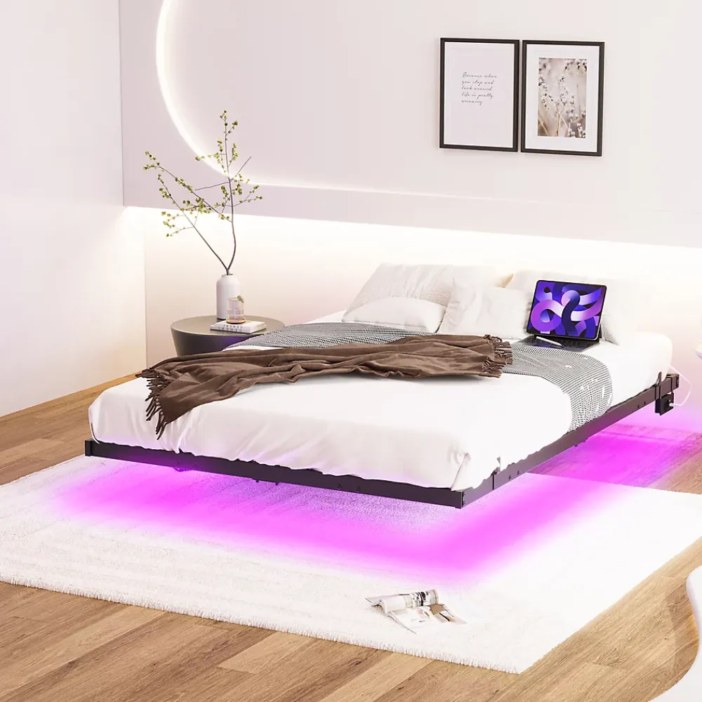 Redom Lit 120x200 cm effet flottant avec éclairage LED et station de charge intégrée, finition noir* Lit Simple