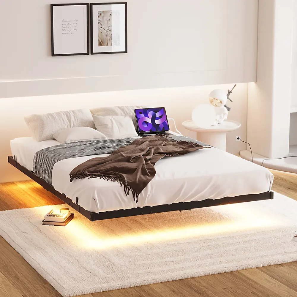 Redom Lit 120x200 cm effet flottant avec éclairage LED et station de charge intégrée, finition noir* Lit Simple