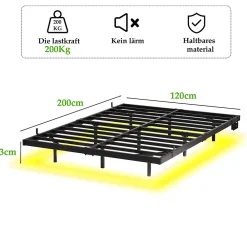 Redom Lit 120x200 cm effet flottant avec éclairage LED et station de charge intégrée, finition noir* Lit Simple