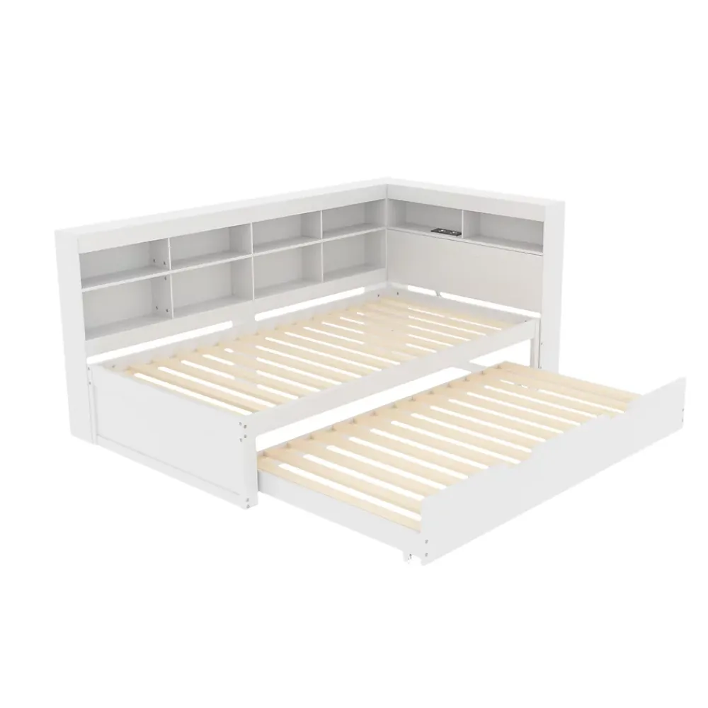 Redom Lit 140x200 cm en bois massif blanc avec rangement intégré et prise USB, design contemporain* Lit Gigogne
