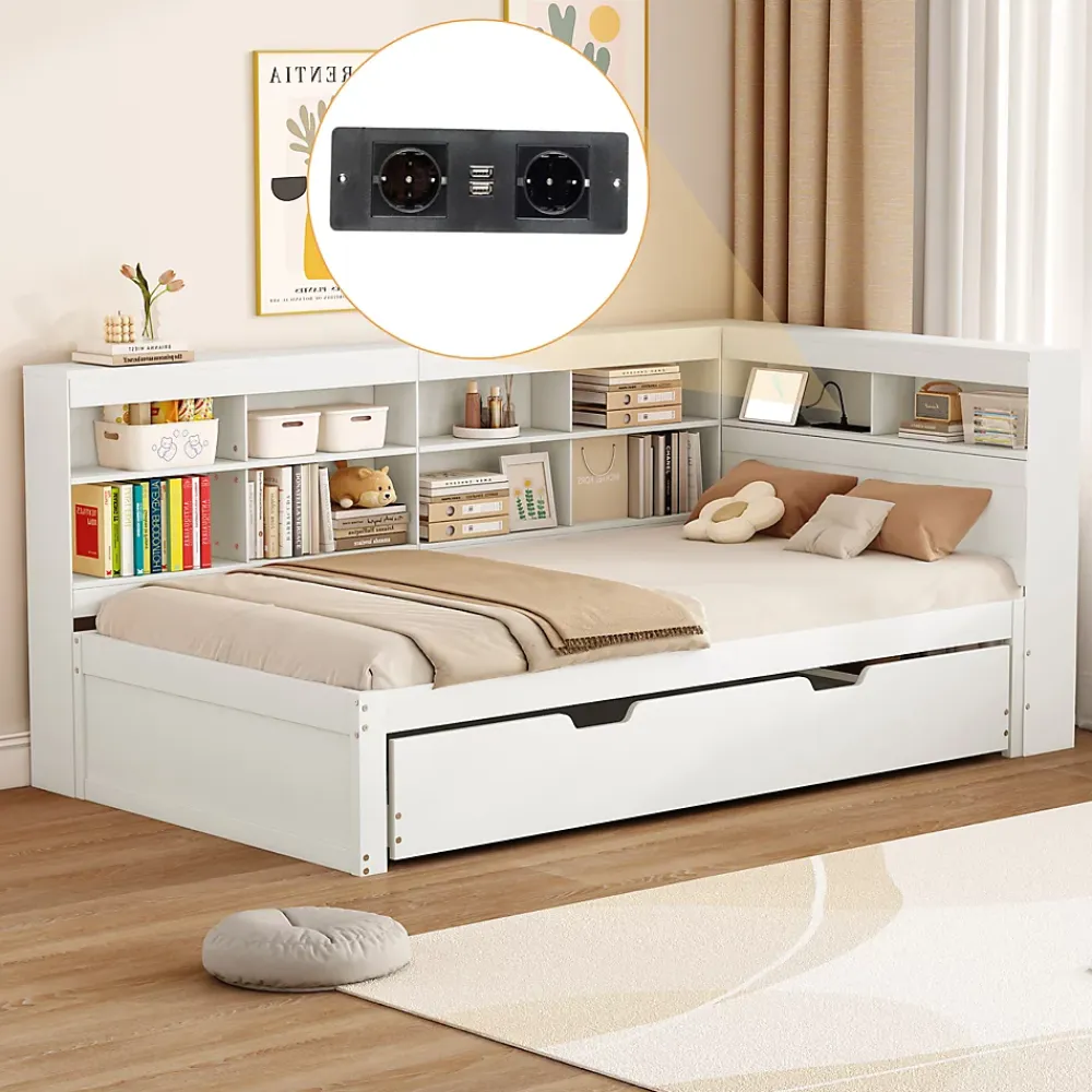 Redom Lit 140x200 cm en bois massif blanc avec rangement intégré et prise USB, design contemporain* Lit Gigogne