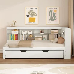 Redom Lit 140x200 cm en bois massif blanc avec rangement intégré et prise USB, design contemporain* Lit Gigogne