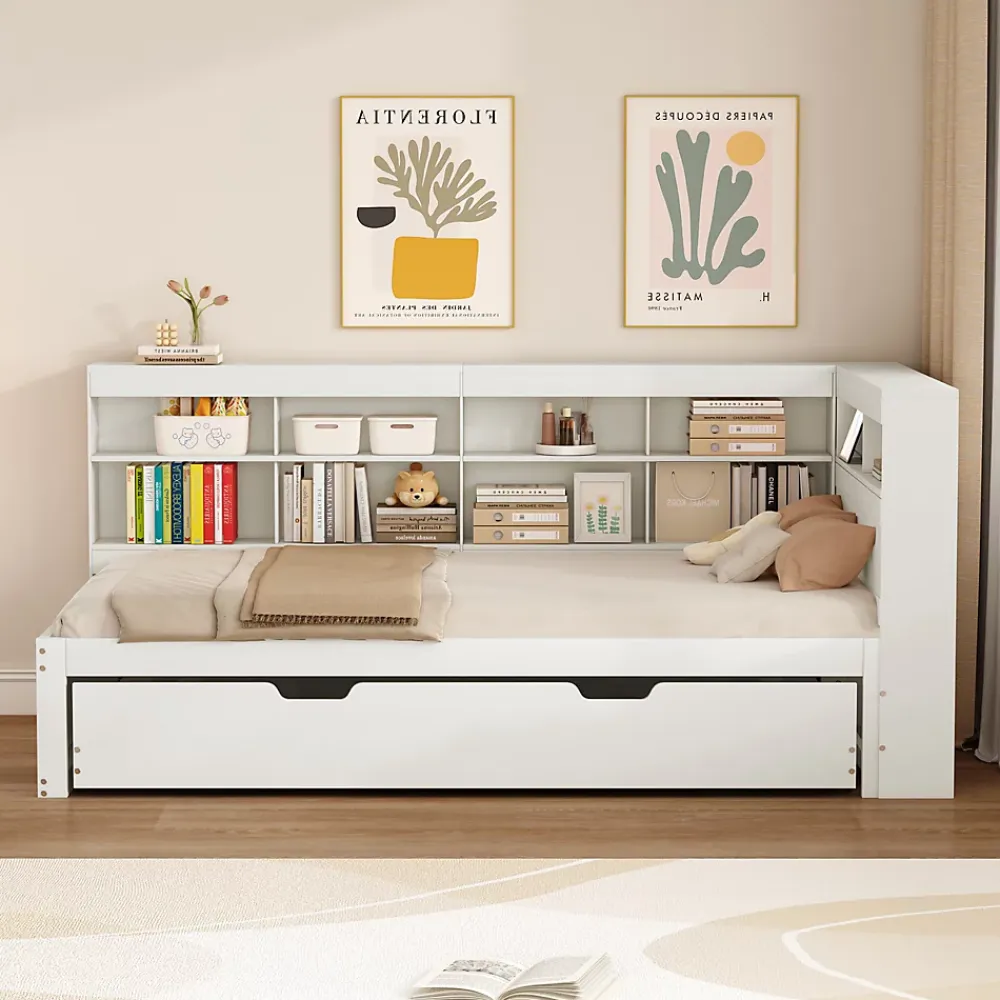 Redom Lit 140x200 cm en bois massif blanc avec rangement intégré et prise USB, design contemporain* Lit Gigogne
