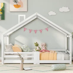 Lit 90x200 cm en bois massif blanc, forme maison avec cheminée, barrières anti-chute 4 côtés et lattes rigides>Redom Outlet
