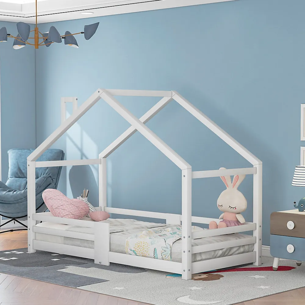 Lit 90x200 cm en bois massif blanc, forme maison avec cheminée, barrières anti-chute 4 côtés et lattes rigides>Redom Outlet