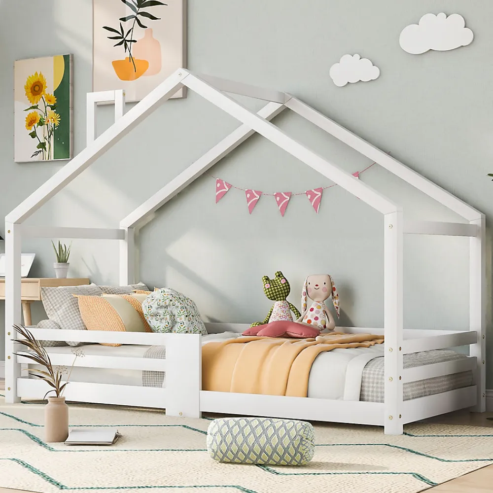 Lit 90x200 cm en bois massif blanc, forme maison avec cheminée, barrières anti-chute 4 côtés et lattes rigides>Redom Outlet