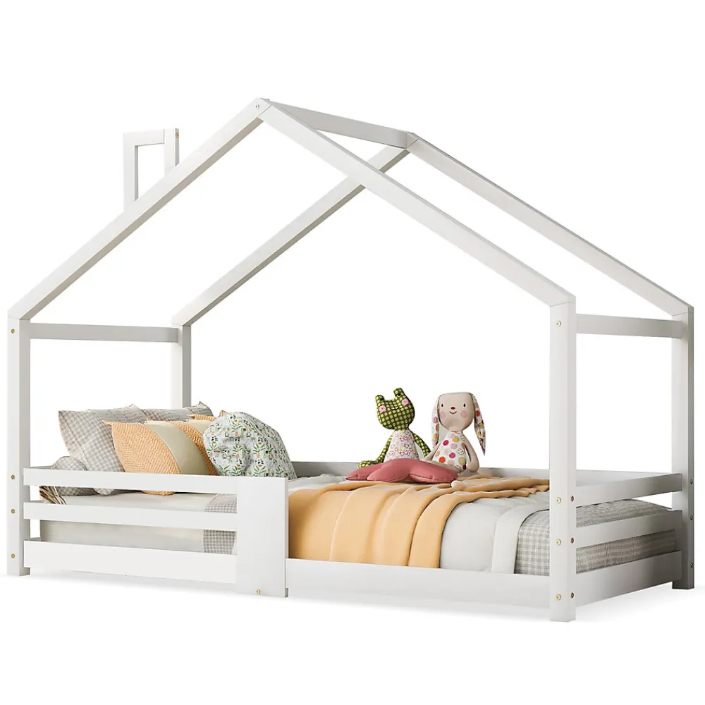 Lit 90x200 cm en bois massif blanc, forme maison avec cheminée, barrières anti-chute 4 côtés et lattes rigides>Redom Outlet