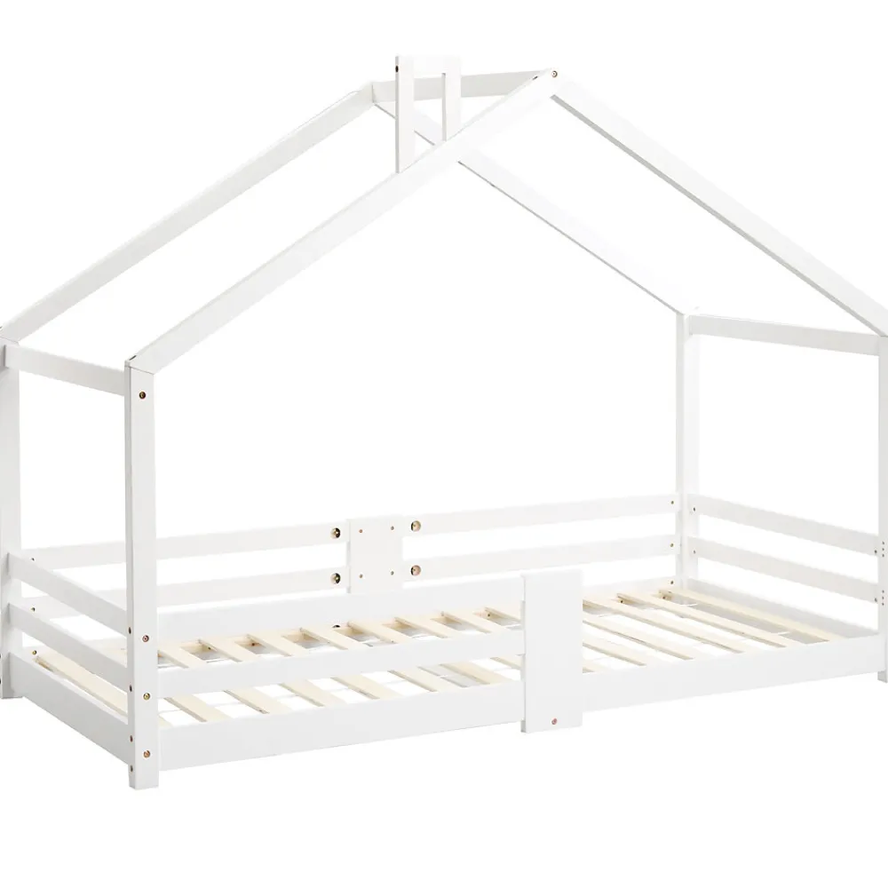 Lit 90x200 cm en bois massif blanc, forme maison avec cheminée, barrières anti-chute 4 côtés et lattes rigides>Redom Outlet