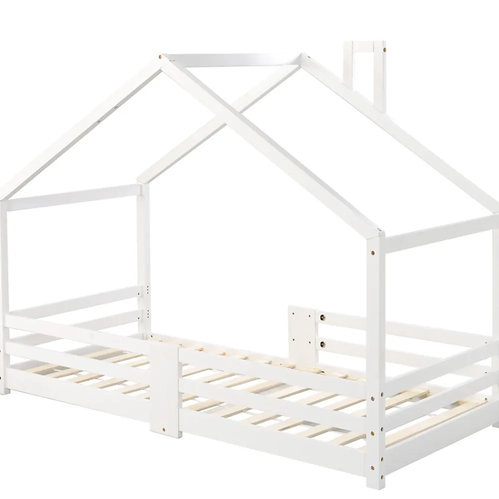 Lit 90x200 cm en bois massif blanc, forme maison avec cheminée, barrières anti-chute 4 côtés et lattes rigides>Redom Outlet