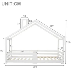 Lit 90x200 cm en bois massif blanc, forme maison avec cheminée, barrières anti-chute 4 côtés et lattes rigides><noscript><img width=