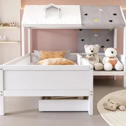 Redom Lit 90x200 cm en bois massif forme maison avec rangement intégré et tiroirs, coloris blanc*Enfant Lit Enfant