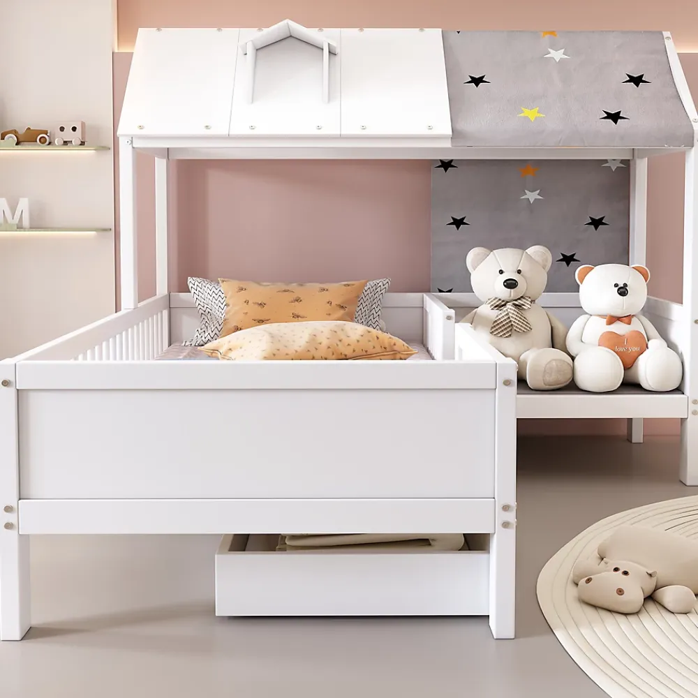 Redom Lit 90x200 cm en bois massif forme maison avec rangement intégré et tiroirs, coloris blanc*Enfant Lit Enfant