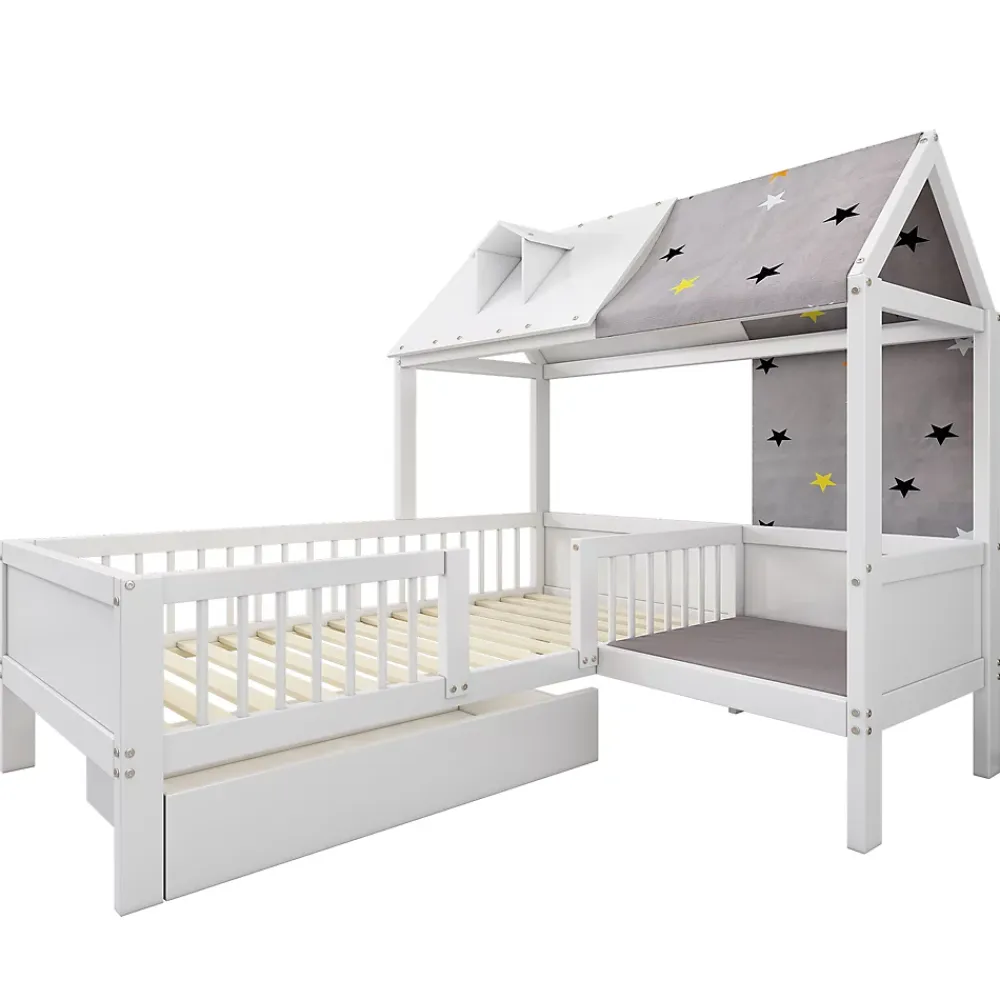 Redom Lit 90x200 cm en bois massif forme maison avec rangement intégré et tiroirs, coloris blanc*Enfant Lit Enfant