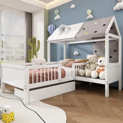 Redom Lit 90x200 cm en bois massif forme maison avec rangement intégré et tiroirs, coloris blanc*Enfant Lit Enfant