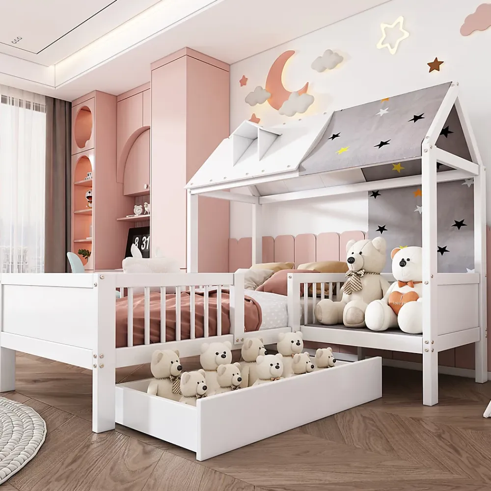 Redom Lit 90x200 cm en bois massif forme maison avec rangement intégré et tiroirs, coloris blanc*Enfant Lit Enfant