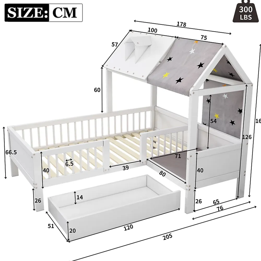 Redom Lit 90x200 cm en bois massif forme maison avec rangement intégré et tiroirs, coloris blanc*Enfant Lit Enfant