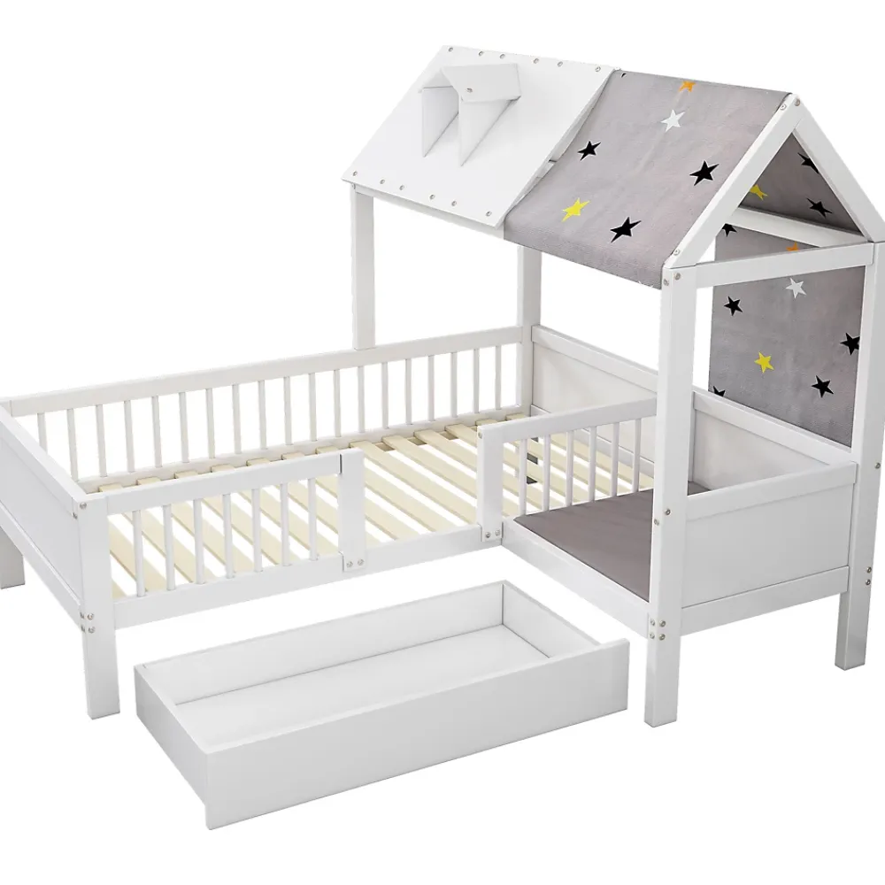 Redom Lit 90x200 cm en bois massif forme maison avec rangement intégré et tiroirs, coloris blanc*Enfant Lit Enfant