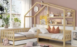 Redom Lit 90x200 cm en bois massif façon maisonnette, structure en L avec tiroirs et étagères, finition naturel*Enfant Lit Enfant