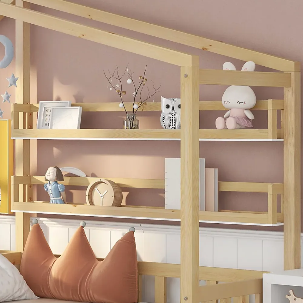 Redom Lit 90x200 cm en bois massif façon maisonnette, structure en L avec tiroirs et étagères, finition naturel*Enfant Lit Enfant
