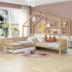 Redom Lit 90x200 cm en bois massif façon maisonnette, structure en L avec tiroirs et étagères, finition naturel*Enfant Lit Enfant